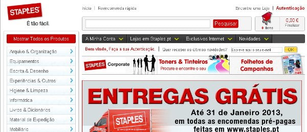 Staples com entregas gratuitas de encomendas online até janeiro de 2013